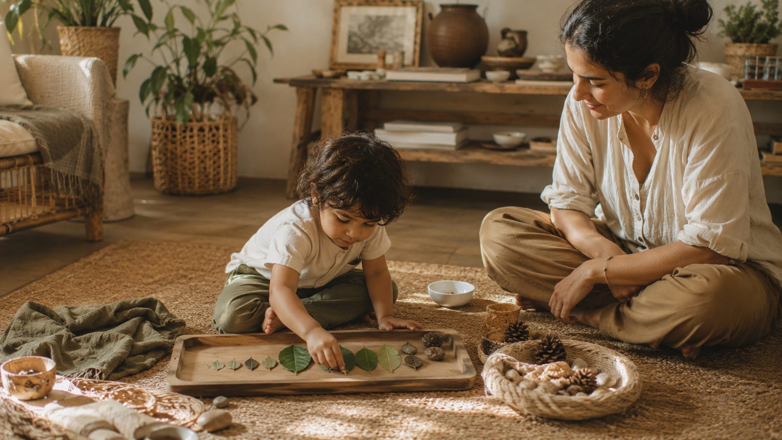 Mamá e hijo aprendiendo juntos con materiales naturales